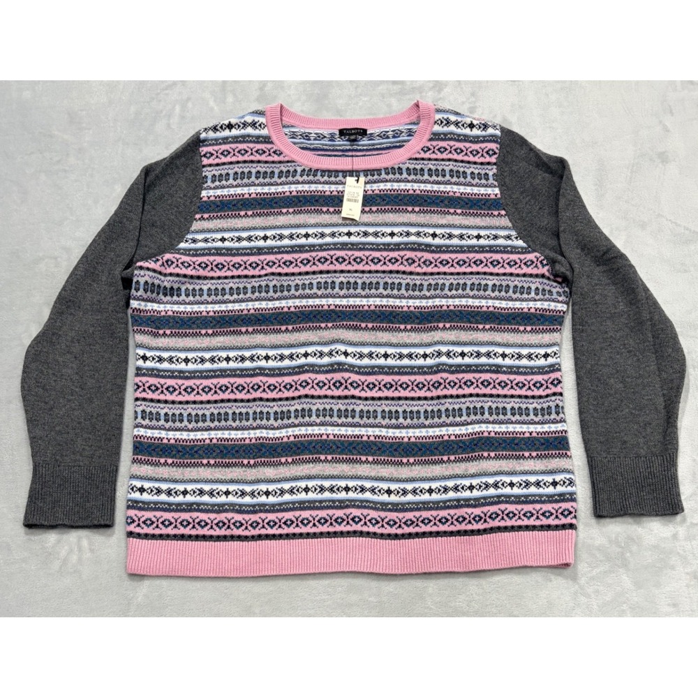 NEW Talbots Womens Sweater Fair Isle Lambswool Blend XL Gray Pink Nordic